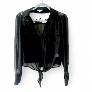 Y2K CANDIES BLACK LONG SLEEVE BUTTON DOWN SHEER TIE FRONT BACK LACE SHIRT SMALL
